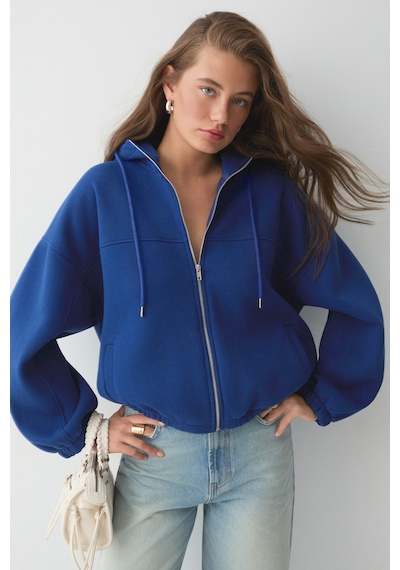 ETHIQUET VA IT Kadın Çift Cepli Eteği Ve Kol Ucu astikli Fermuarlı Oversize Saks Mavi Sweatshirt
