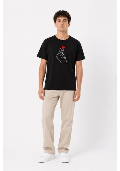 Valensdesign Erkek Kore Parmak Kalp Aşk Temalı Minimal Baskılı Tişört Yazlık Kısa Kol T-shirt - Siyah
