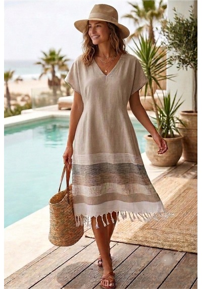 Trendol Fashion Life Deniz /plaj Elbisesi / Açık Kahve / Kimono /peştemal Ekru Ekru