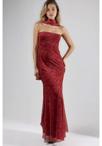 Hiccup Straplez Çiçek Desenli Tül Kuşaklı Bodycon Maxi Elbise Kırmızı