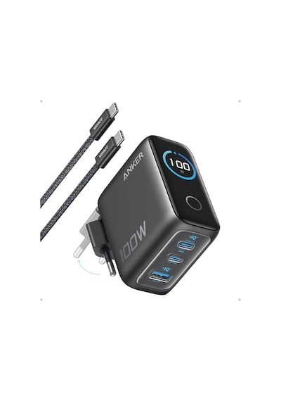 Şarj Cihazı, 100w Maksimum Güç, Kompakt, 3 Bağlantı Noktalı, Gan Usb-c Şarj Bloğu, Akıllı Ekran Ve Dokunmatik Kontrol, Siyah - B121b