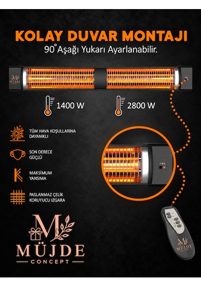 Square 2800 Watt 2 Kademeli Infrared Uzaktan Kumandalı Duvar Tipi Isıtıcı