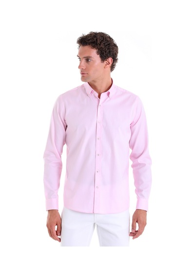 Hatemoğlu Pembe Comfort Fit Düz 100% Pamuk Düğmeli Yaka Uzun Kollu Casual G Pembe