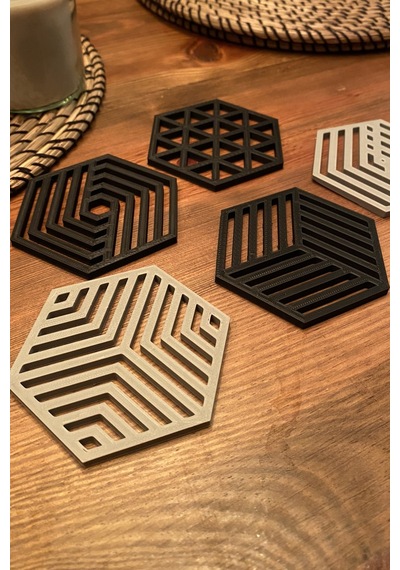 Kazanova Design Geometrik Altıgen Bardak Altlığı Seti Siyah Ve Gri Dekoratif