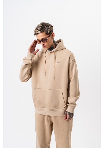 Erkek Respire Yazı Detaylı Kapüşonlu Basic Oversize Hoodie Bej