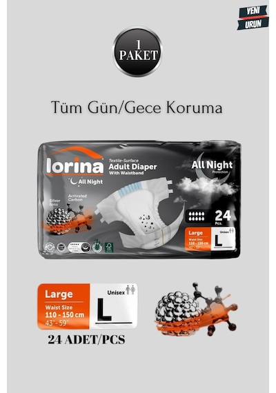 Aktif Karbon & Gümüş İyon Destekli Bel Bantlı Hasta Bezi Large 24 Lü L