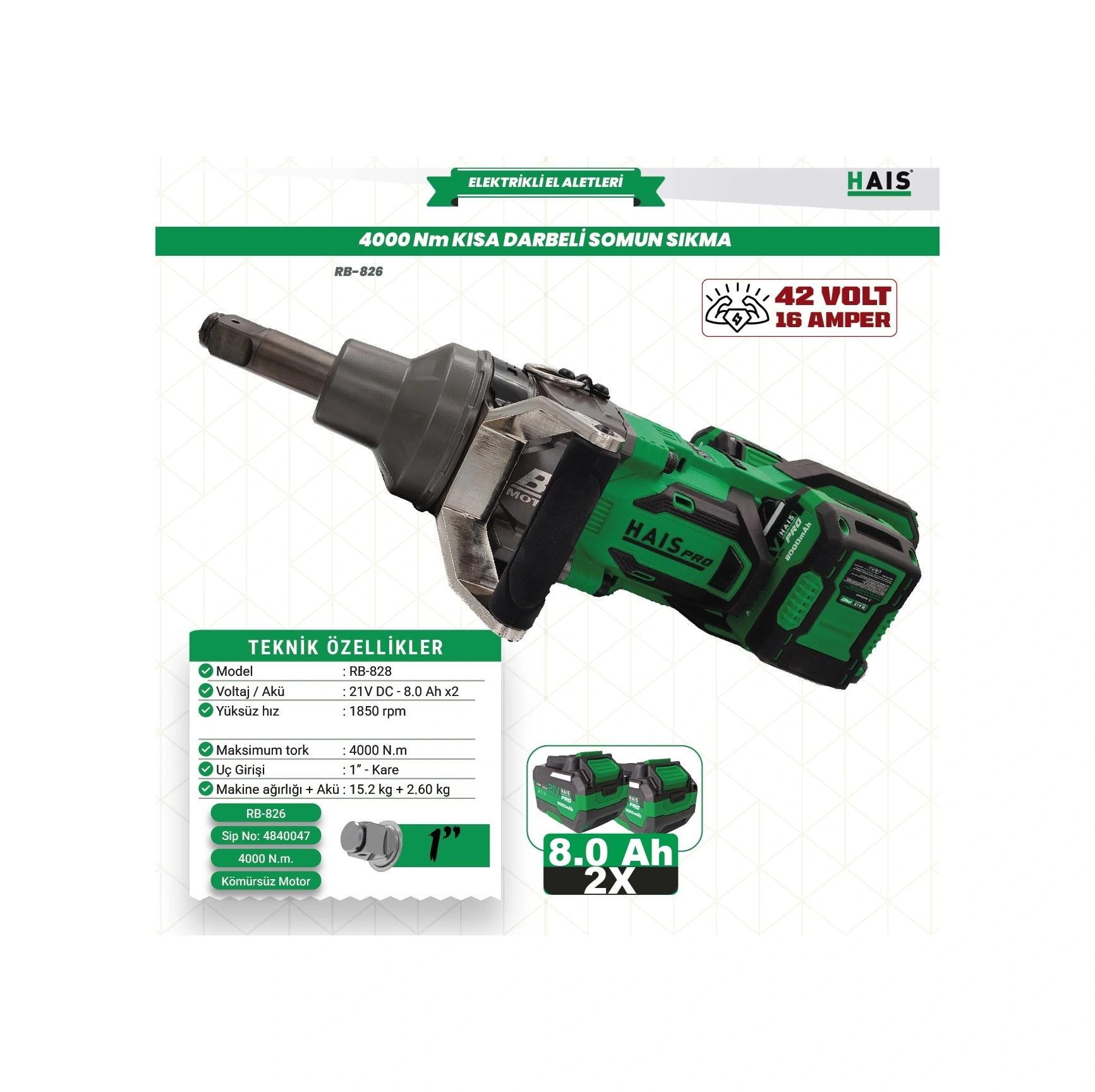 Haispro RB-828 4000 NM 21V  Profesyonel Darbeli Somun Sıkma Makinesi