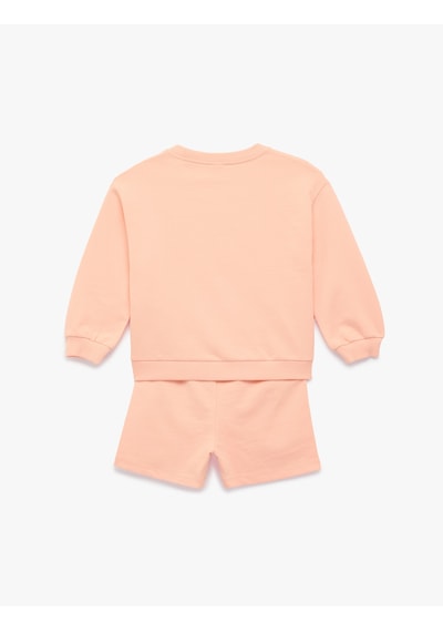 Koton Pamuklu Uzun Kollu Bisiklet Yaka Sweatshirt Ve Şort Takım - 2'li Set Pembe 6smg10080ak Gül