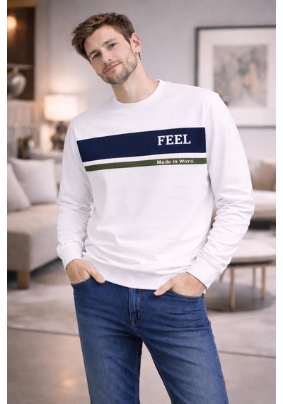 The Feel Marcel Erkek Regular Fit Bisiklet Yaka İnce Sweatshirt Beyaz
