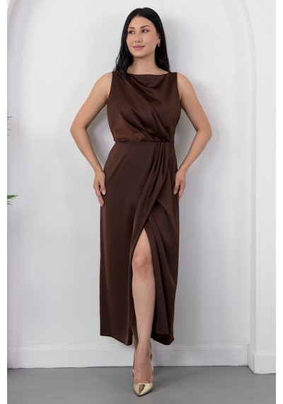 Kalopya Kare Yaka Beli Büzgülü Yırtmaçlı Elbise Yzc25y223 A.kahve