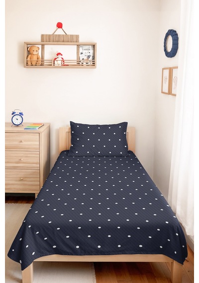 Lacivert Puantiyeli Minimal Genç Odası Tek Kişilik Pike Takımı - 160x220 Cm Kapitone Yatak Örtüsü Günbatımı Keten Geçişi