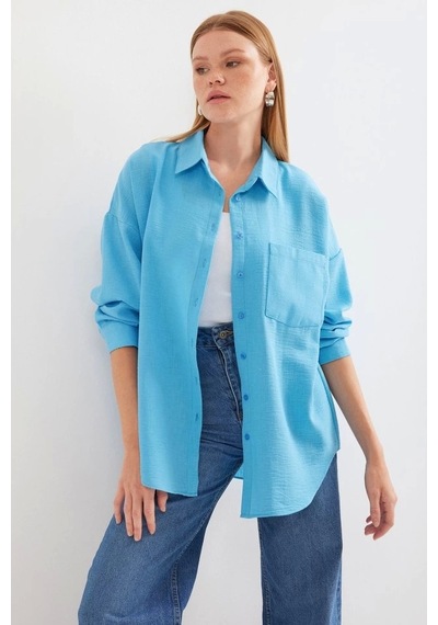 Defymoda 20153 Tek Cepli Oversize Keten Gömlek - Açık Mavi Açik Mavi