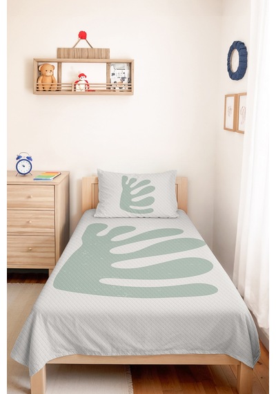 Minimal Yaprak Yeşil Genç Odası Tek Kişilik Pike Takımı - Modern 160x220 Cm Kapitone Yatak Örtüsü Gizli Tül Kırığı