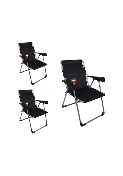 Alin Metal Kamp 3''lü 140 Kg Taşima Kapasiteli Lüks Bardaklıklı Kamp & Piknik Sandalyesi Rft-02 Siyah