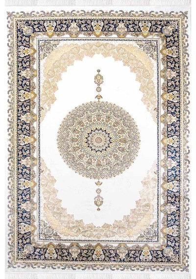 Enti Herat 2804 Mavi Klasik Salon Halısı Çerçeveli Göbekli Parlak Dokuma Lüks Vintage Halı Mavi