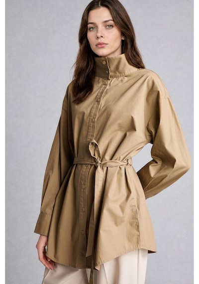 Defacto Regular Fit Dik Yaka Kuşaklı Poplin Uzun Kollu Tunik H3217ax26aukh185 Haki-kh185