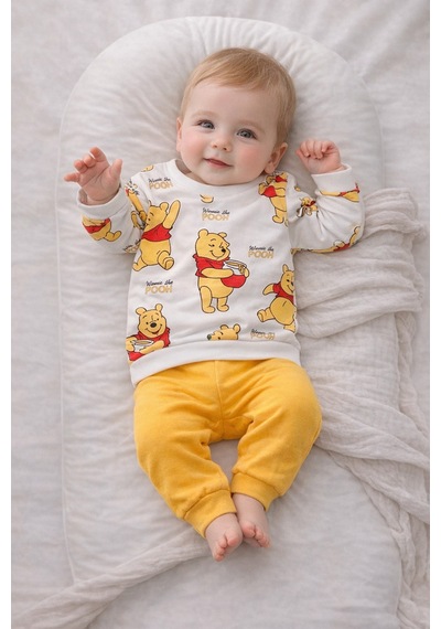 Mou&kou %100 Pamuk Baskılı Bebek Takımı 6-12-18 Ay Uzun Kollu Sweatshirt Pantolon 2 Li Set Sarı