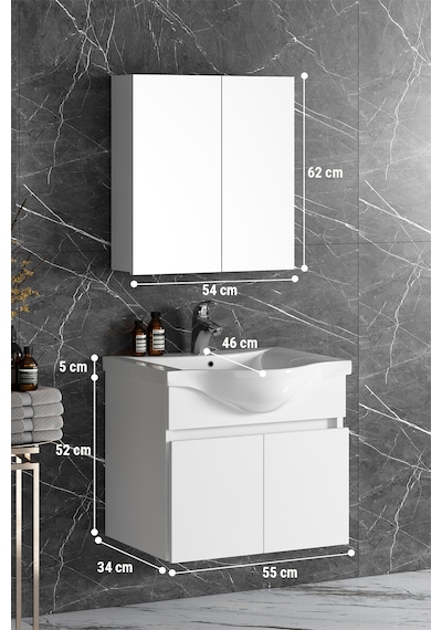 Yıldız 55 Cm Beyaz Mdf Seramik Lavabolu Asma Banyo Dolabı Takımı Beyaz