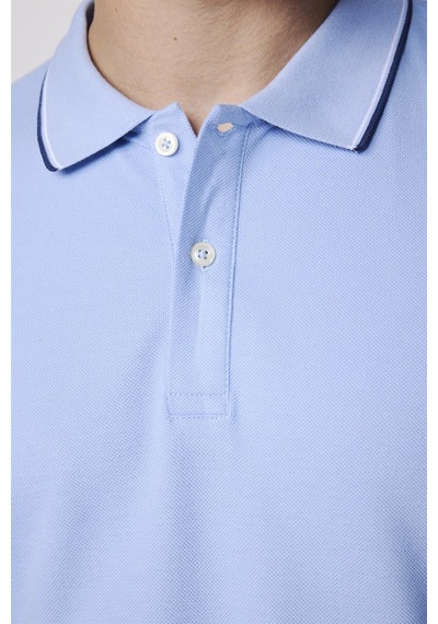 Tudors Erkek Slim Fit Dar Kesim %100 Pamuk Düz Pike Kol Şeritli Mavi Polo Yaka Tişört-27646 Mavi