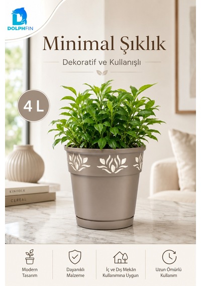 4 Litre Dekoratif Alt Tabaklı Plastik Saksı 20x20x20 Cm Çiçek Motifli Karışık Renk