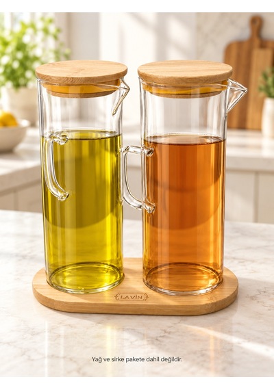 Lavin Bambu Altlıklı Ve Kapaklı 2 Li Cam Yağlık Sirkelik Seti 500 Ml Bambu Ve Şeffaf