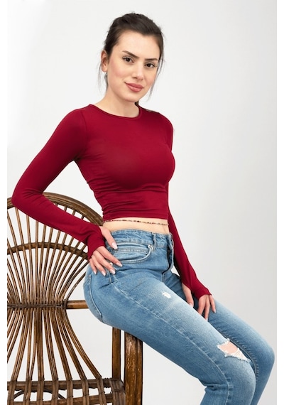 Kadın Bisiklet Yaka Parmak Detaylı Spor Body Basic Soft Touch Spor Crop Bordo