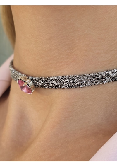 Kordon Zincir Örme Kristal Taşlı El Yapımı Choker Tasma Pembe Silver Renk Kolye