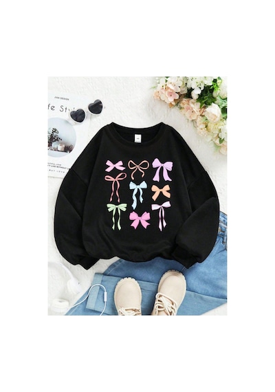Herkesemoda Renkli Kurdeleler Baskılı Siyah 2 İplik Şardonlu Bisiklet Yaka Sweatshirt Siyah