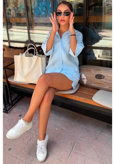 Madmext Bebe Mavisi Kısa Kollu Modal Gömlek Şort Takım Mg2739