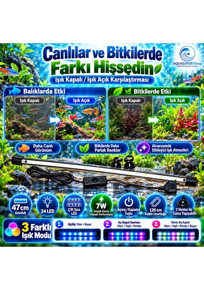 Akvaryum Işığı - Balık Işığı - Bitki Işığı - 47 Cm - 24 Led - Tamamen Su İçinde Kullanılabilir - 3 Modlu - 7w - Mükemmel Işık