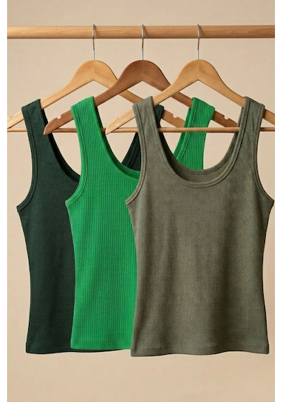 Cotenconcept 3 Adet Fitilli Fitted Ön Ve Arka U Yaka Askılı Tişört Haki-ss18