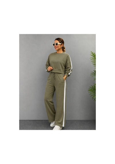 Butik İstanbul Kadın Uzun Kollu Bisiklet Yakalı Kısa Viskon Ikı Iplik Bluz Ve Pantolon Ikili Takım Haki