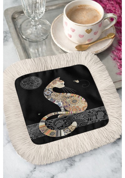 Bohem Patchwork Kedi Saçaklı Sunum Peçetesi - Siyah Zemin Etnik Altın Renkli Bardak Altlığı Mendil Çok Renkli