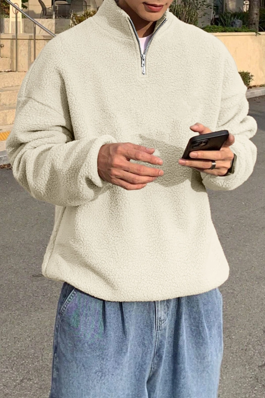 Ghassy Co. Erkek Ultra Isı Peluş Sherpa Oversize Yarım Metal Fermuar Lastik Ayarlı Polar Sweatshirt Ekru