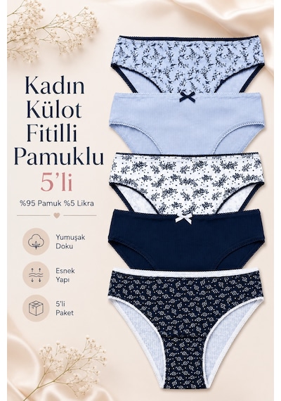 Nicoletta Kadın Külot 5 Li Paket Likralı Pamuklu Kaşkorse Mavi
