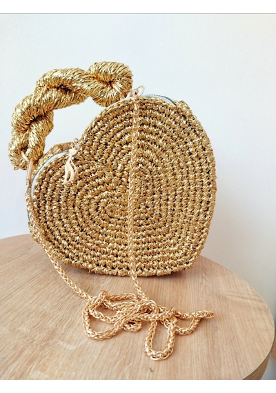 Kemzey Handmade Gold Kalp Çanta , Altın Sarı Parlak Kalp Çantası Altın