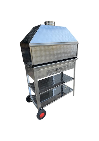 Paslanmaz Kömürlü Mangal 40 X 80 Cm Bacalı Barbekü Çekmeceli Tekerlekli Gri