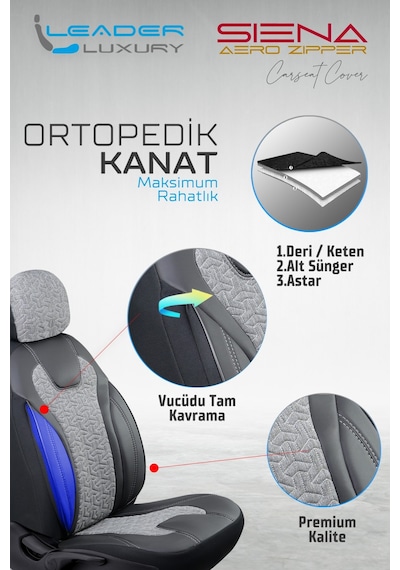 Toyota Auris I 2006-2012 Deri Detaylı Oto Koltuk Kılıfı Ön Arka Set Siyah Füme Siena Seri Şhn