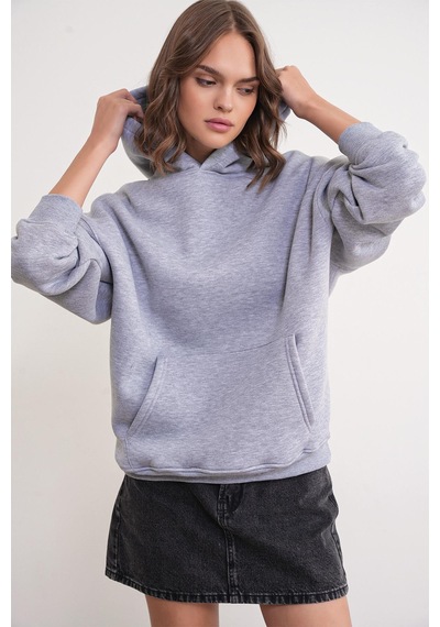 Mixray 2022 Unisex 3iplik Basic Polarlı Kapüşonlu Sweatshirt Hoodie Gri