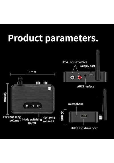 M60 Nfc Bluetooth 5.4 Ses Alıcısı Transmitter Aux & Rca Bağlantı, Type-c Güç, Usb Den Müzik Çalma, Araç & Ev Hoparlör/amfi İçin Kablosuz Ses Adaptörü, Hi-fi Stereo, 10m Çekim Mesafesi