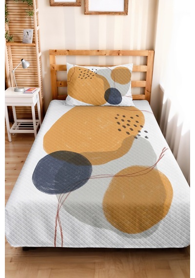Geometrik Hardal Genç Odası Tek Kişilik Pike Takımı - Modern Gri 160x220 Cm Kapitone Yatak Örtüsü Naif Perde Dengesi