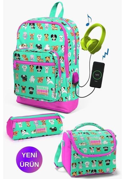 Su Yeşili Neon Pembe Köpek Desenli Coral High Kids Usb'li 3 Lü Okul Çanta Seti Goset0123266