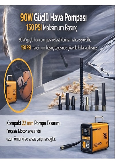 16000mah 14.8v Dijital Ekranlı Araba Akü Takviyeli Kompresör Araç Lastik Şişirme Hava Pompası 150psı Sarı