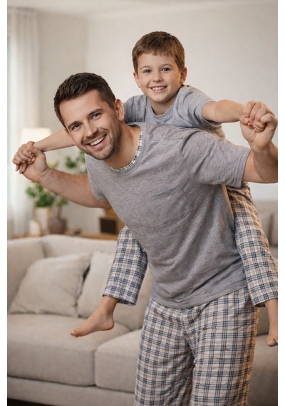 Rindahomewear Gri Melanj Kısa Kol Baba-oğul Cepli Pijama Takım Gri Melanj-80502
