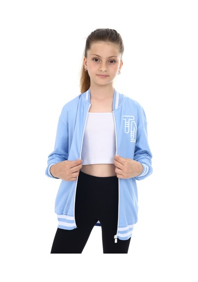 Toontoy Kız Çocuk Kolej Yaka Fermuarlı Düşük Omuz Baskılı Örme Hırka - 2 İplik Mavi