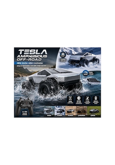 Uzaktan Kumandalı 4x4 Amfibi Tesla Cybertruck Rc Araba 27cm Kumandalı Tesla Gri - Gümüş