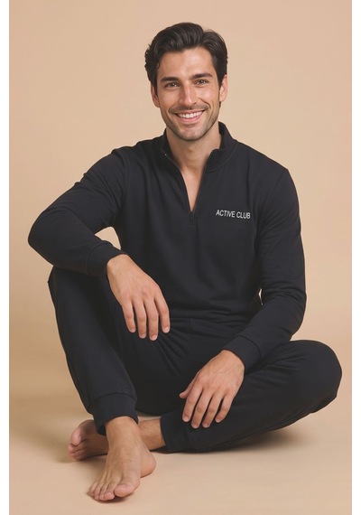 Wordex Mirano 3252 Erkek Fermuar Detaylı Kışlık Spor Eşofman Pijama Takımı Siyah