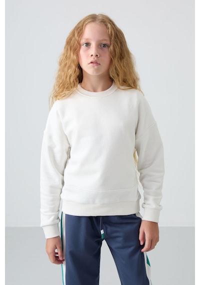 Tommy Life Ekru Pamuklu İçi Tüylü Yumuşak Dokulu Oversize Nakışlı Kız Çocuk Sweatshirt - 75150 Ekru