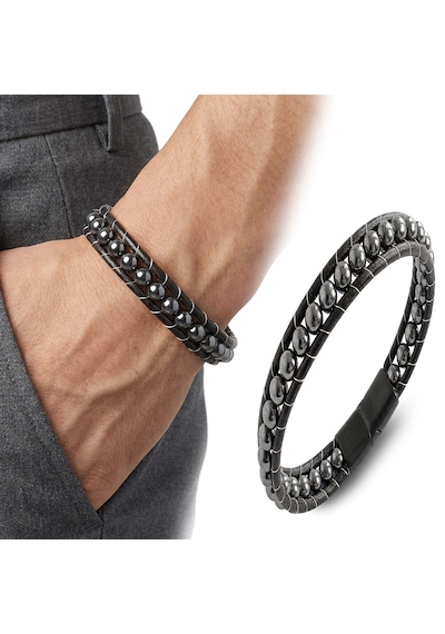 Premium 6mm Hematit Taşlı Deri Kordon Ve Çelik Bileklik 31832b2d6m3 - 21 Cm Siyah