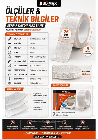 Şeffaf Kaydırmaz Bant 25 Mm X 5 Metre Kendinden Yapışkanlı Merdiven Banyo Havuz Kaydırmaz Güvenlik B